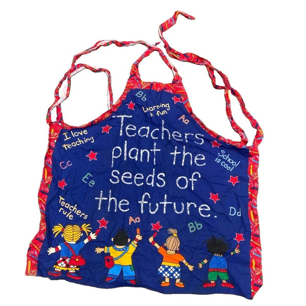 Vintage Cut And Sew Aprons Blue Teachers Rule Plant The Seeds Future Adult Tie